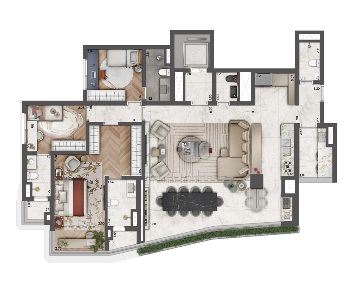 Planta 3 suítes — 156 m²