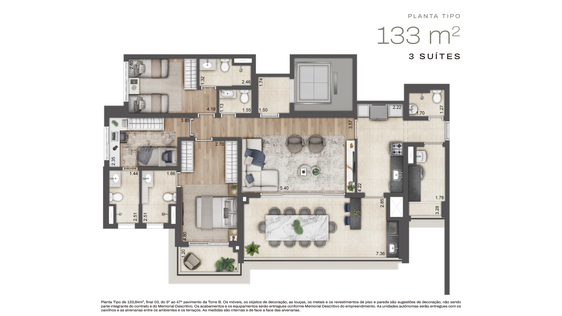 Planta Torre C · 2 suítes — 133 m²
