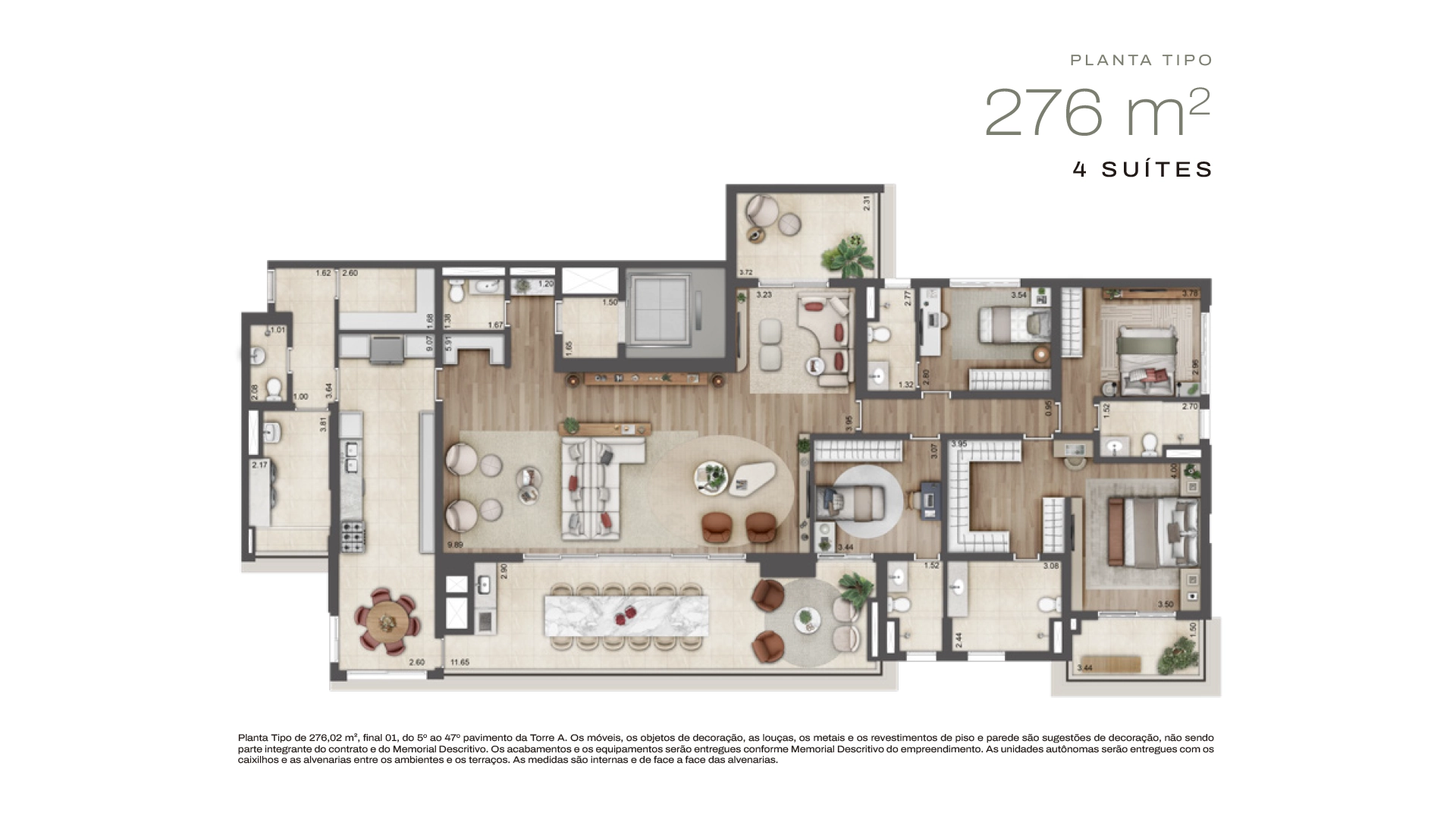 Planta Torre A · 4 suítes — 276 m²