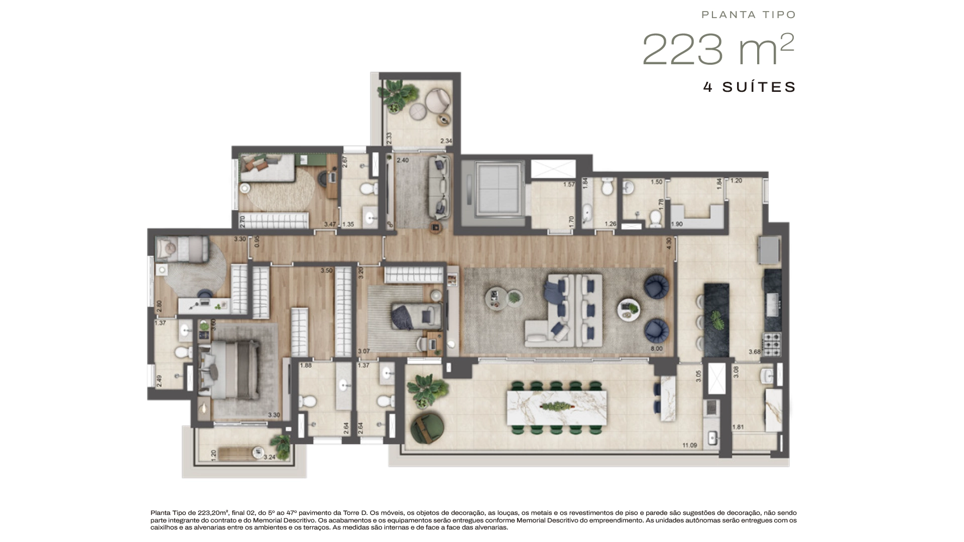 Planta Torre D · 4 suítes — 223 m²