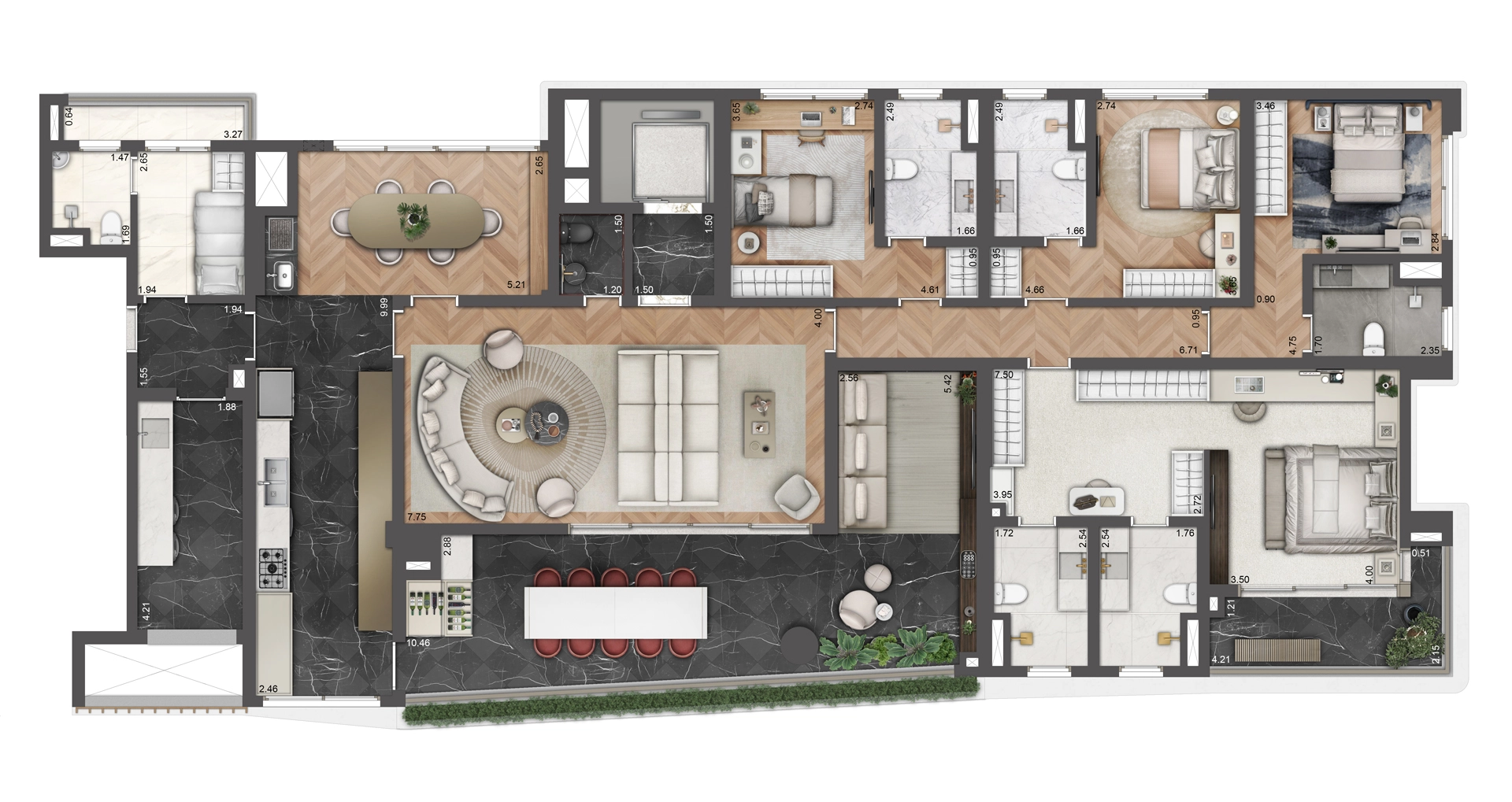 Planta 4 suítes — 264 m²