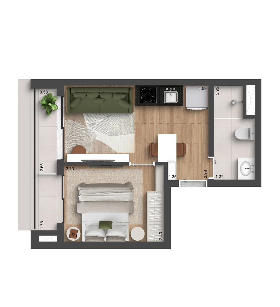 Planta 1 dormitório — 31 m²