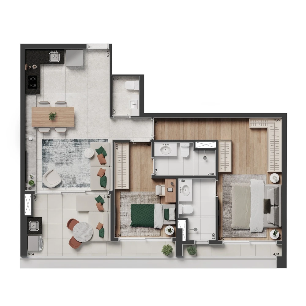 Planta Apartamento · 74m² · 2 suítes — 74 m²