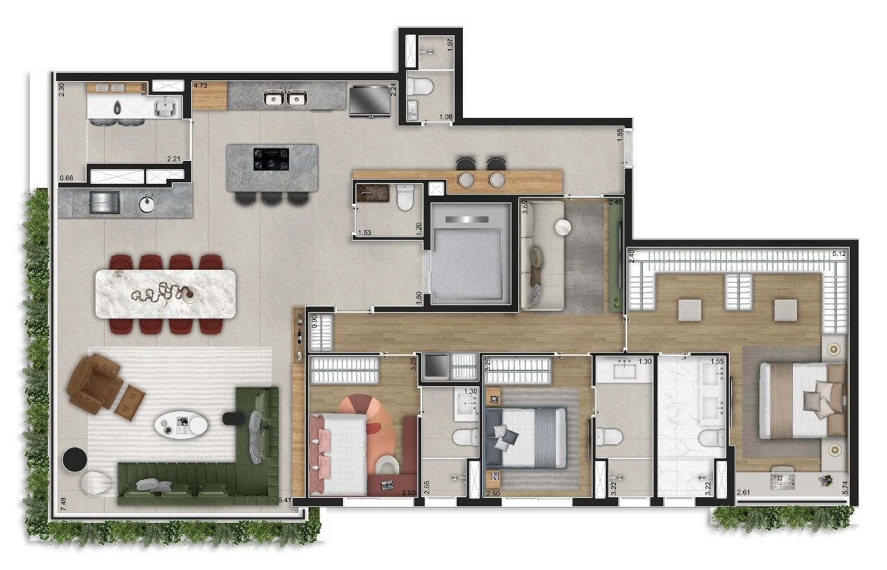 Planta 3 suítes · Decorado — 167 m²