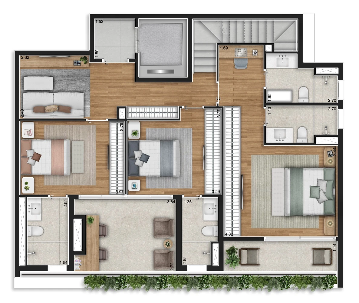 Planta 3 suítes · Duplex (Pav. Inferior) — 245 m²
