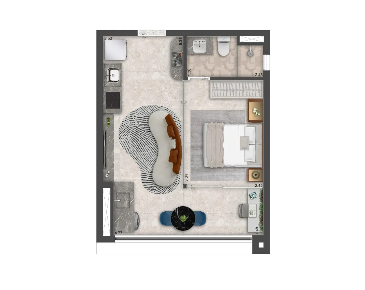 Planta 1 dormitório — 36 m²
