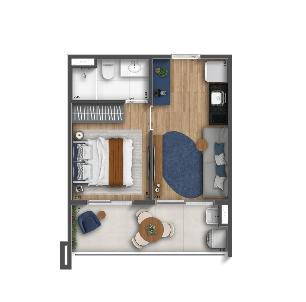 Planta 1 Quarto · Apartamento — 33 m²