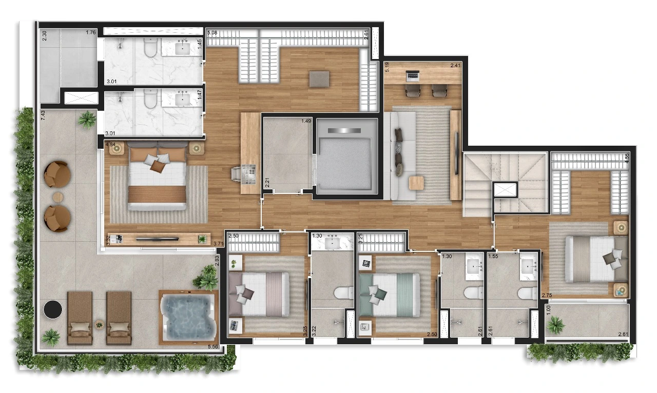 Planta 4 suítes · Duplex (Pav. Inferior) — 305 m²