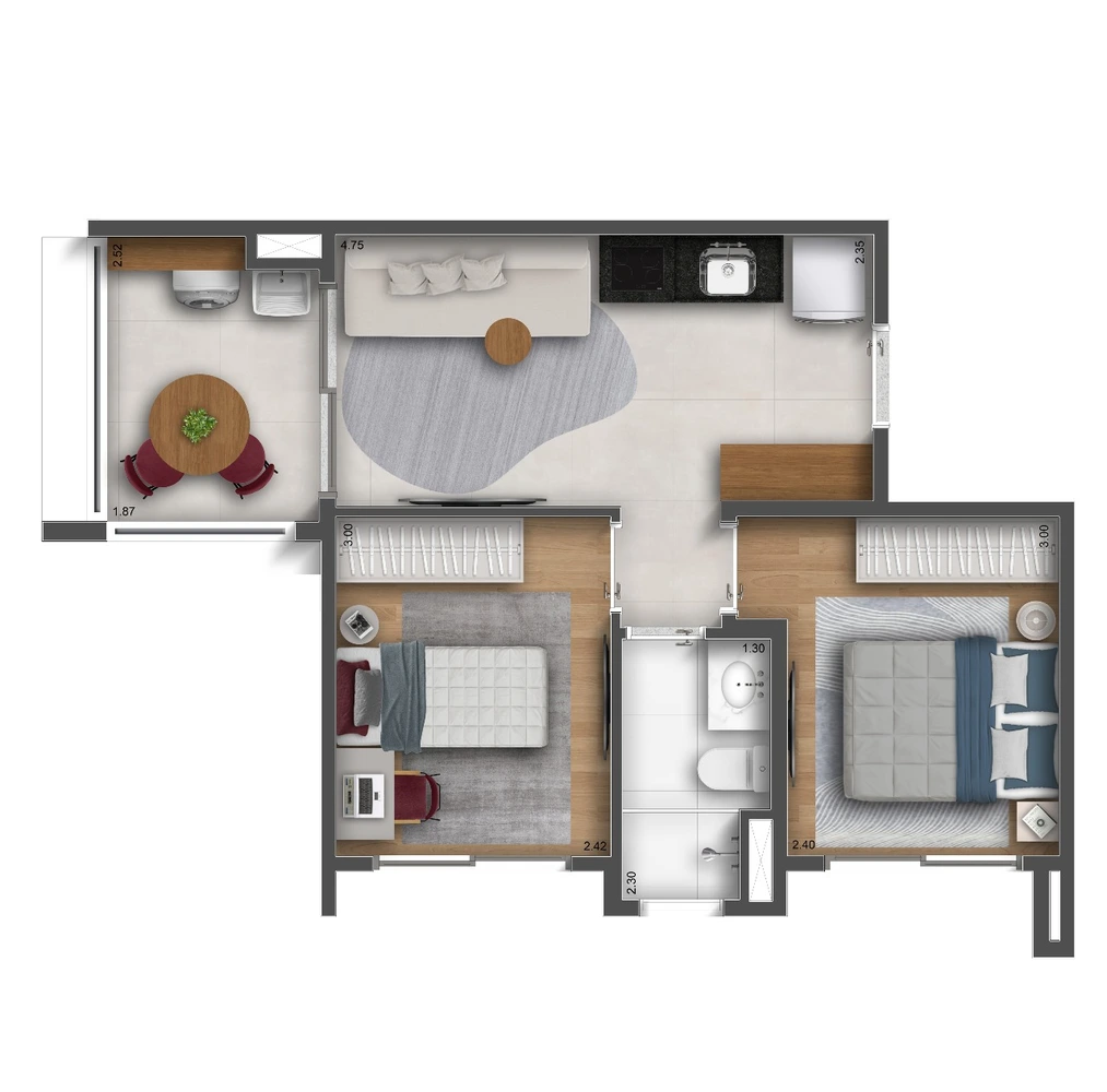 Planta 2 Quartos · Apartamento — 40 m²