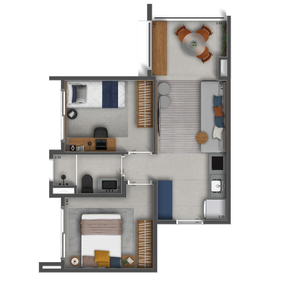 Planta 2 Quartos · Apartamento — 40 m²