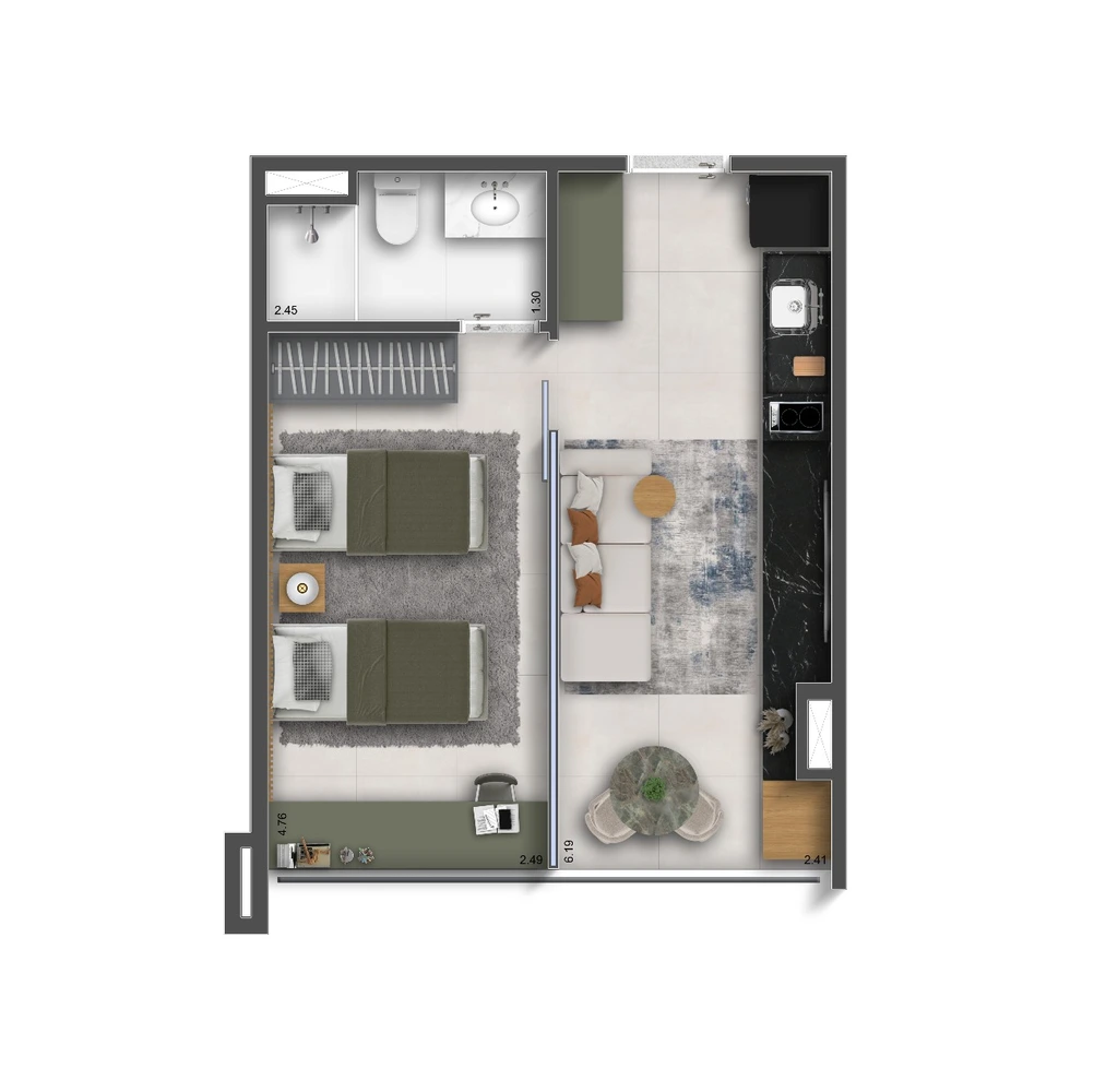 Planta 1 Quarto · Apartamento — 33 m²